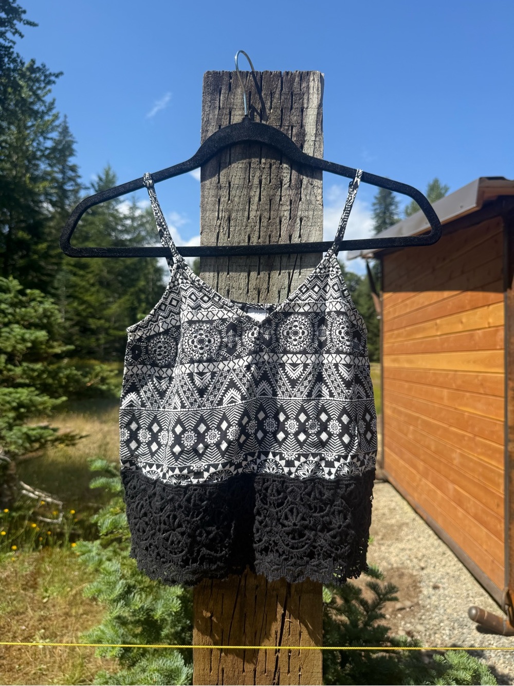 Divided Black & White Tribal Crochet-Hem Cami